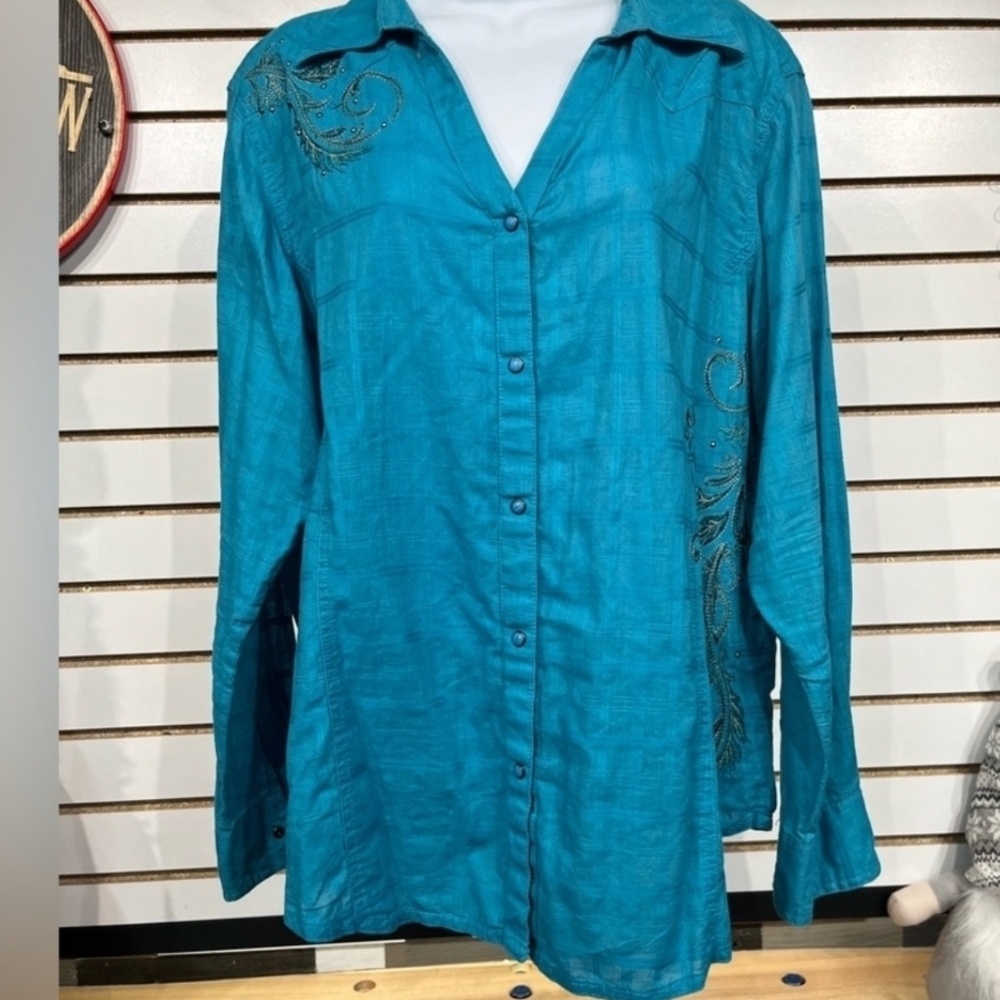 Wrangler Turquoise Embroidered Button Down Shirt XXL - Picture 3 of 16